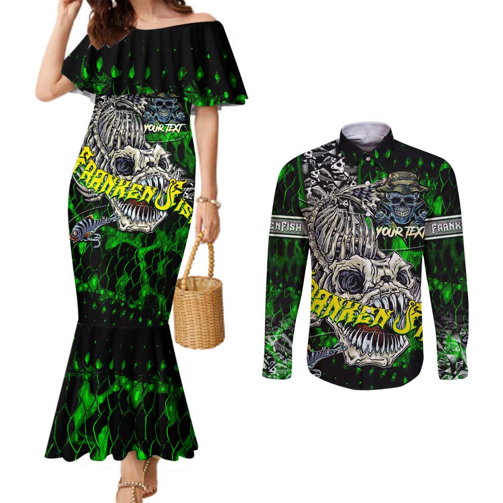 Personalized Franken Fish Couples Matching Mermaid Dress and Long Sleeve Button Shirt Skull Fishing Green