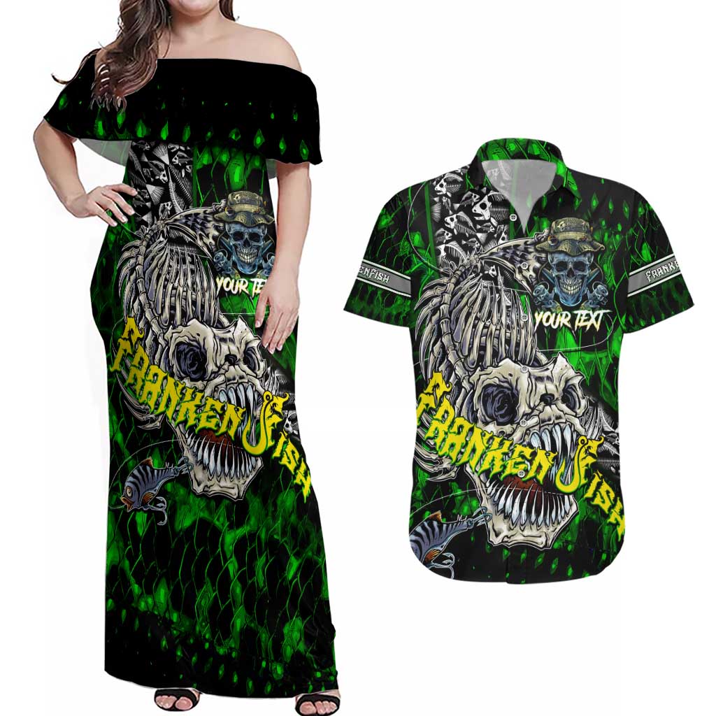 Personalized Franken Fish Couples Matching Off Shoulder Maxi Dress and Hawaiian Shirt Skull Fishing Green - Wonder Print Shop