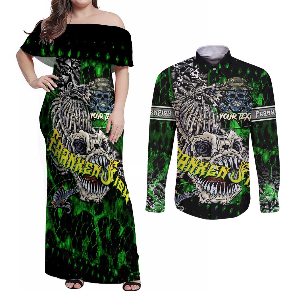 Personalized Franken Fish Couples Matching Off Shoulder Maxi Dress and Long Sleeve Button Shirt Skull Fishing Green - Wonder Print Shop