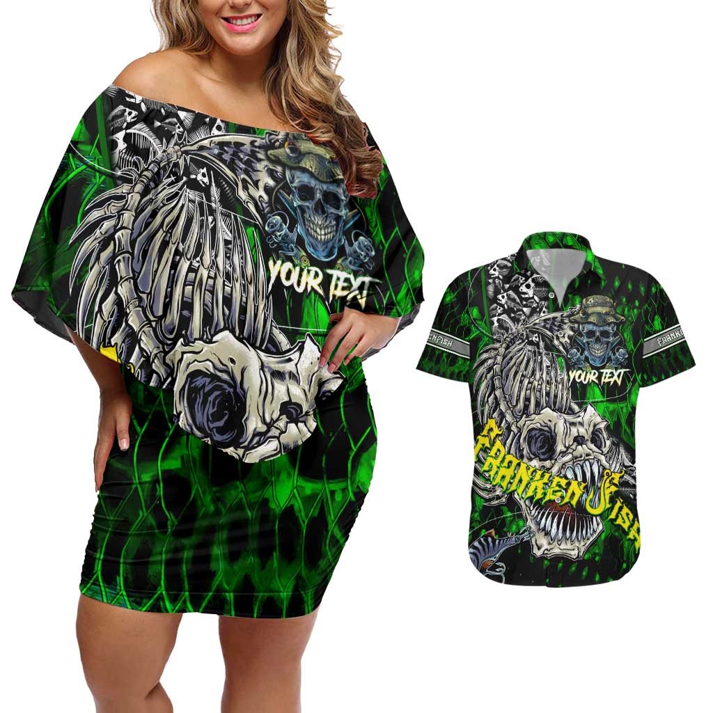 Personalized Franken Fish Couples Matching Off Shoulder Short Dress and Hawaiian Shirt Skull Fishing Green - Wonder Print Shop