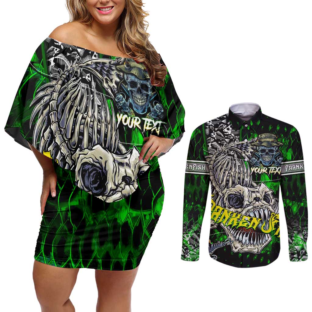 Personalized Franken Fish Couples Matching Off Shoulder Short Dress and Long Sleeve Button Shirt Skull Fishing Green - Wonder Print Shop