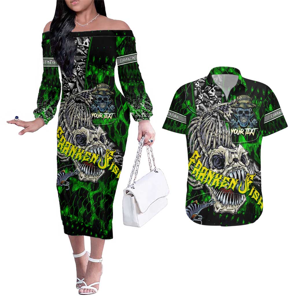 Personalized Franken Fish Couples Matching Off The Shoulder Long Sleeve Dress and Hawaiian Shirt Skull Fishing Green - Wonder Print Shop