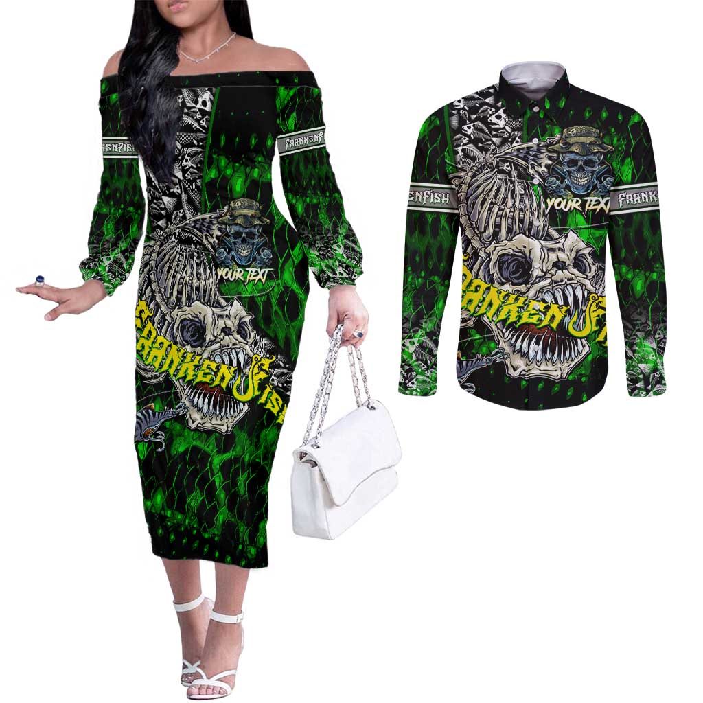 Personalized Franken Fish Couples Matching Off The Shoulder Long Sleeve Dress and Long Sleeve Button Shirt Skull Fishing Green