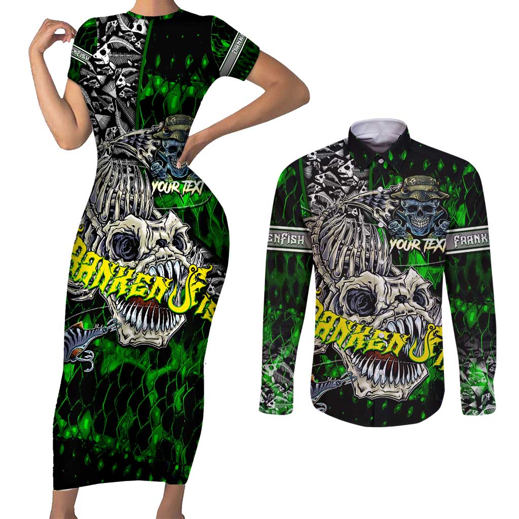 Personalized Franken Fish Couples Matching Short Sleeve Bodycon Dress and Long Sleeve Button Shirt Skull Fishing Green - Wonder Print Shop