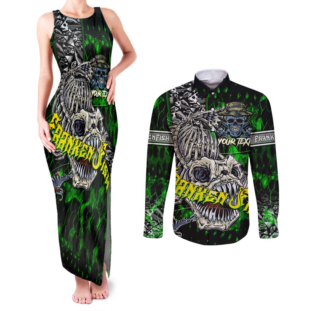 Personalized Franken Fish Couples Matching Tank Maxi Dress and Long Sleeve Button Shirt Skull Fishing Green - Wonder Print Shop