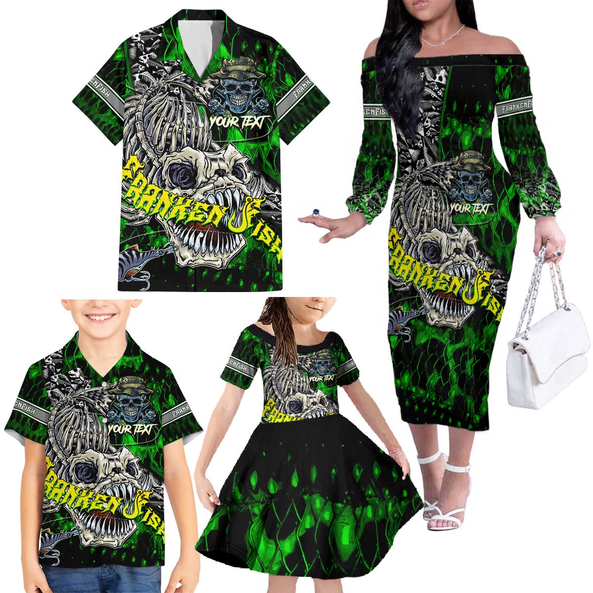 Personalized Franken Fish Family Matching Off The Shoulder Long Sleeve Dress and Hawaiian Shirt Skull Fishing Green - Wonder Print Shop