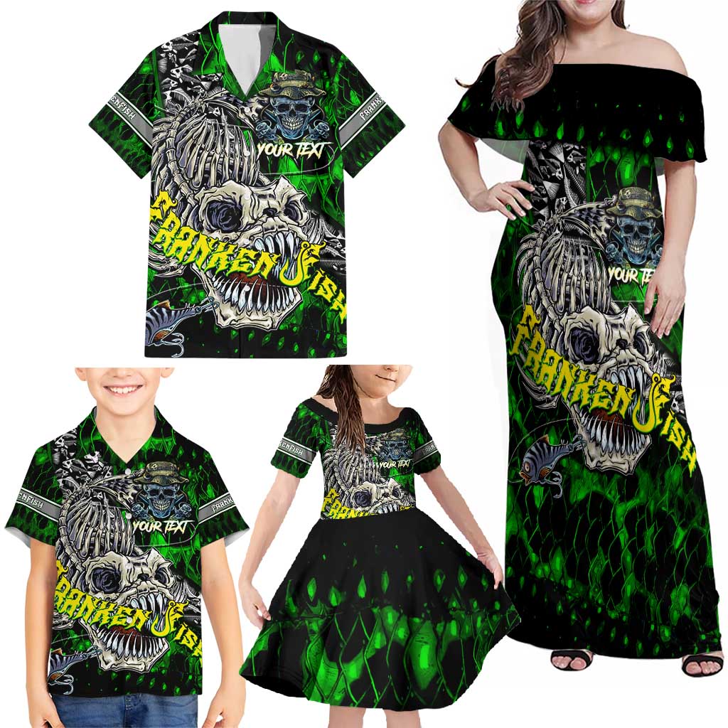 Personalized Franken Fish Family Matching Off Shoulder Maxi Dress and Hawaiian Shirt Skull Fishing Green - Wonder Print Shop