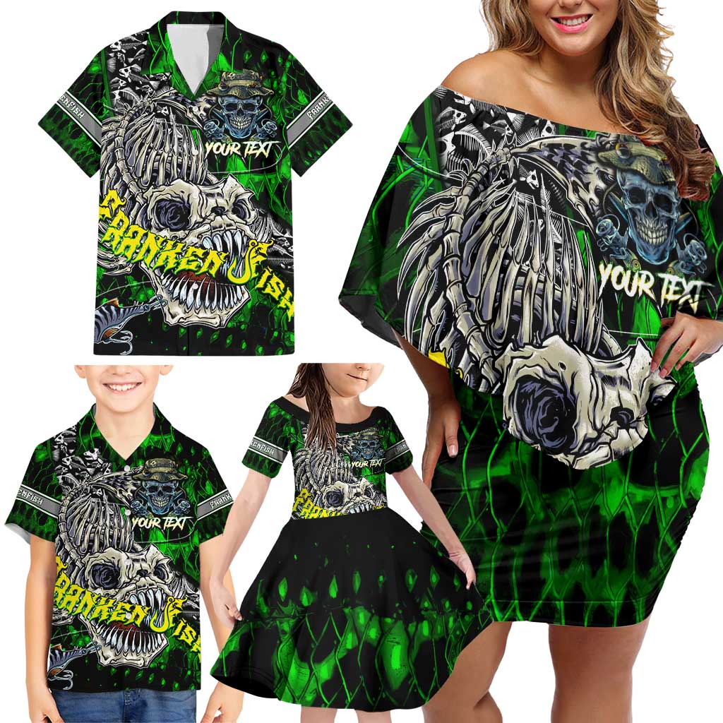 Personalized Franken Fish Family Matching Off Shoulder Short Dress and Hawaiian Shirt Skull Fishing Green - Wonder Print Shop