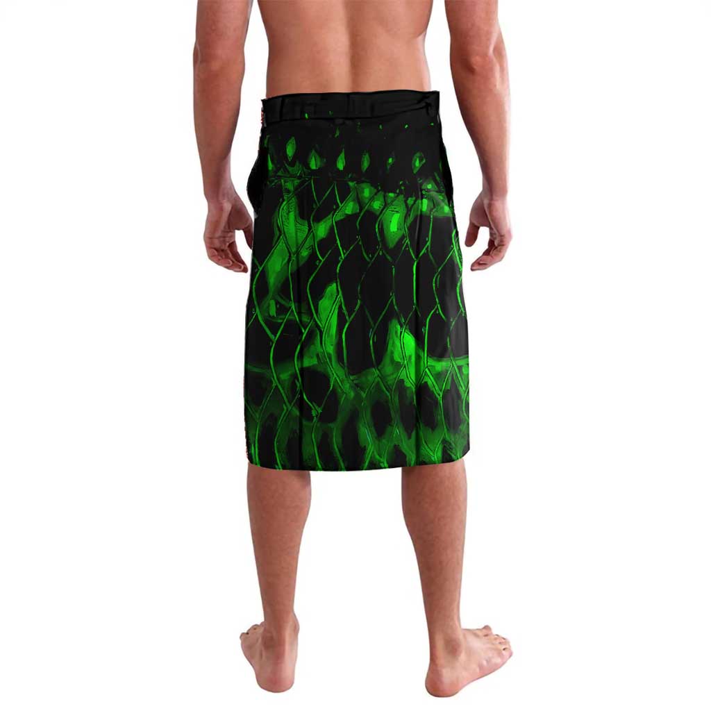 Green knee-length sarong with neon web pattern, black waistband band, elastic waist
