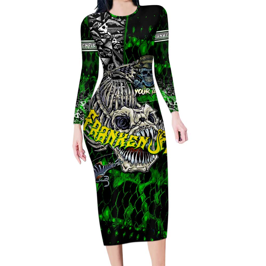 Personalized Franken Fish Long Sleeve Bodycon Dress Skull Fishing Green - Wonder Print Shop