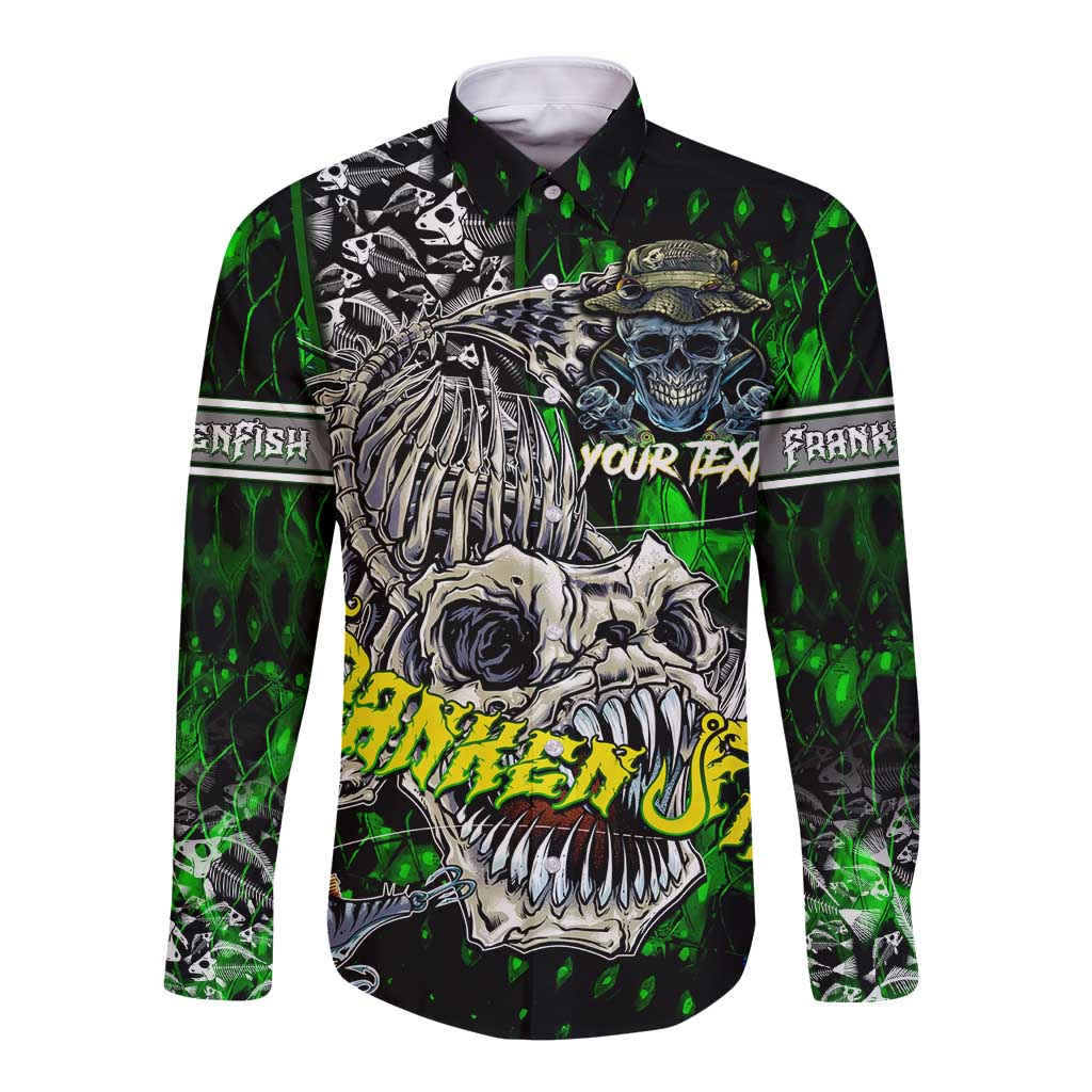 Green long-sleeve button shirt with colorful skull and fish graphic, front view