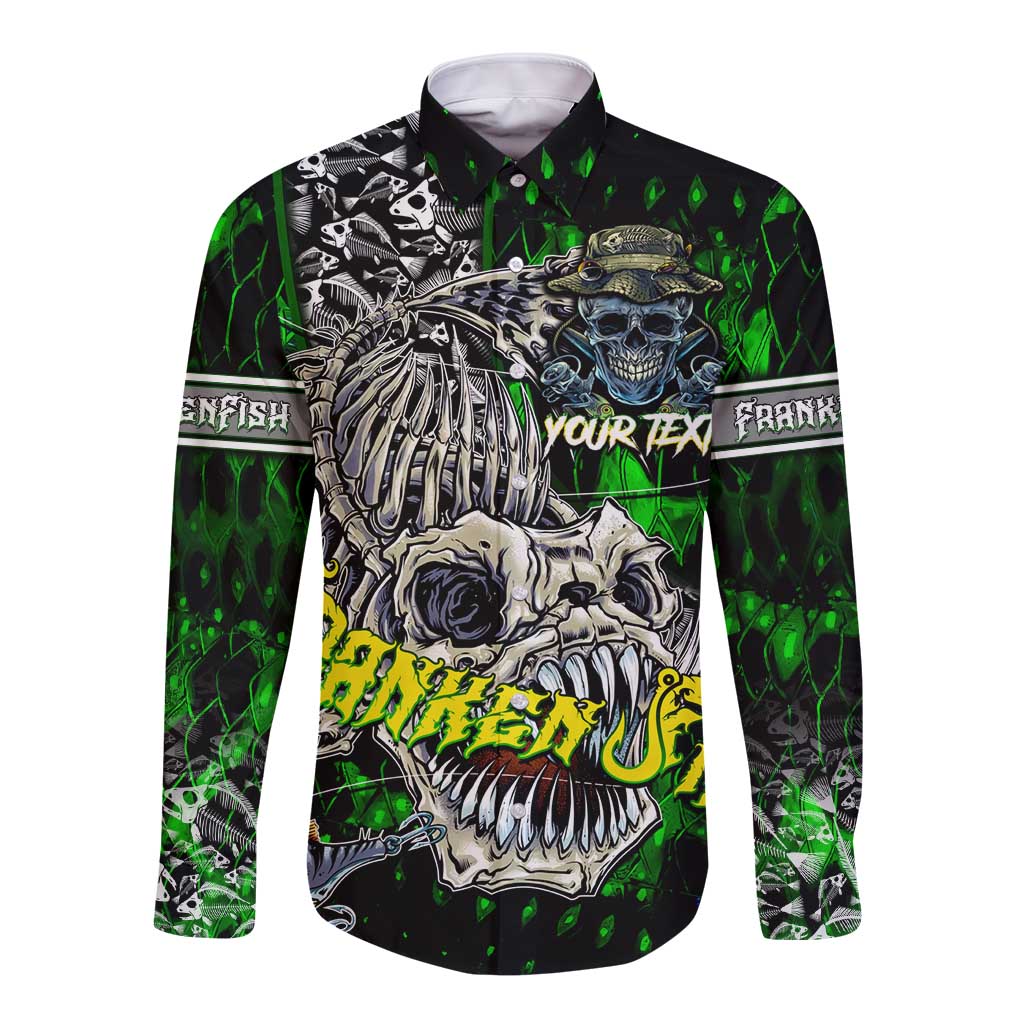 Personalized Franken Fish Long Sleeve Button Shirt Skull Fishing Green - Wonder Print Shop