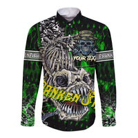 Green long-sleeve button shirt with colorful skull and fish graphic, front view
