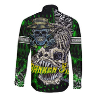 Green long-sleeve button shirt with large skeleton skull graphic and fish, front view