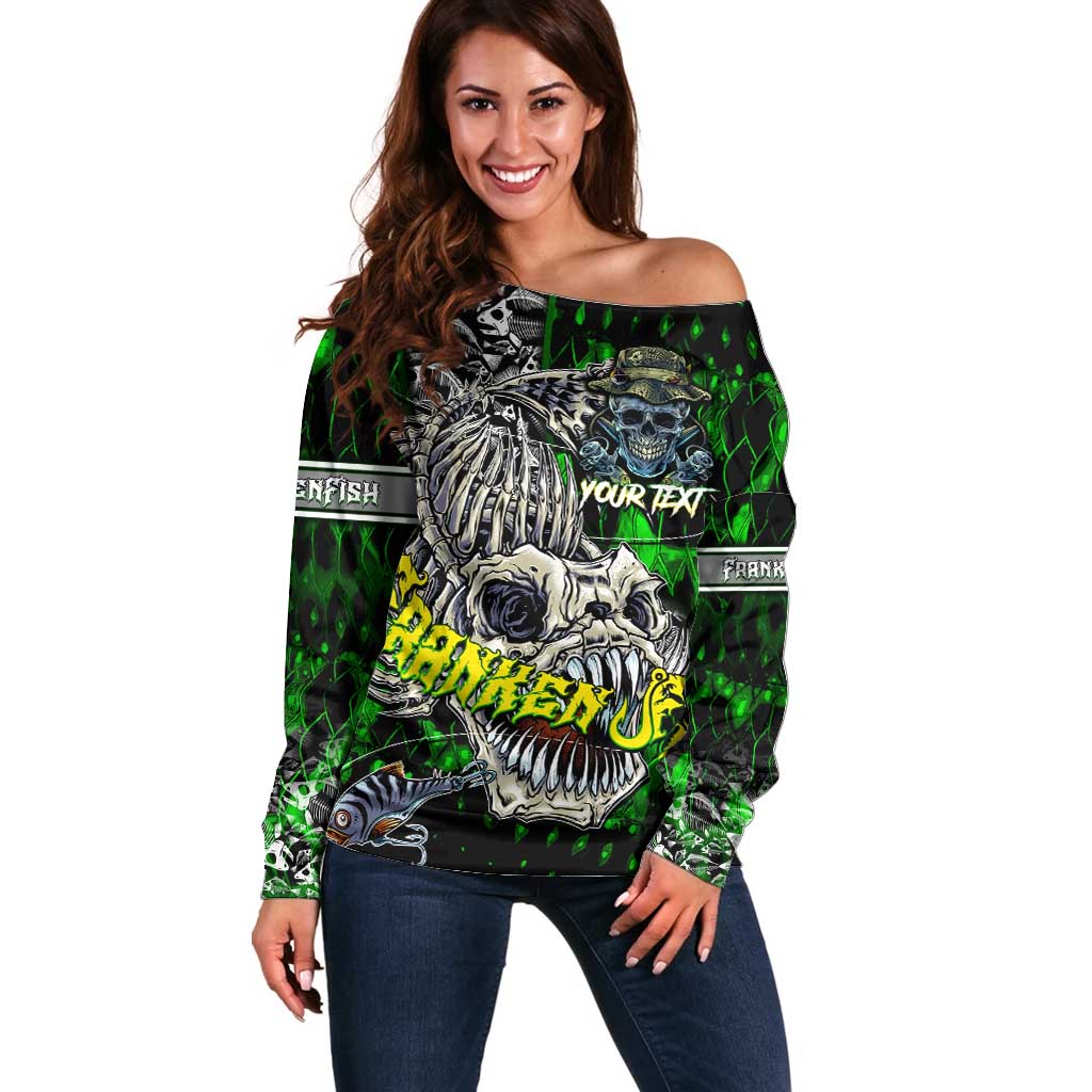 Personalized Franken Fish Off Shoulder Sweater Skull Fishing Green - Wonder Print Shop