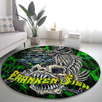 Round green skull fishing rug featuring detailed blue skull and ribcage artwork