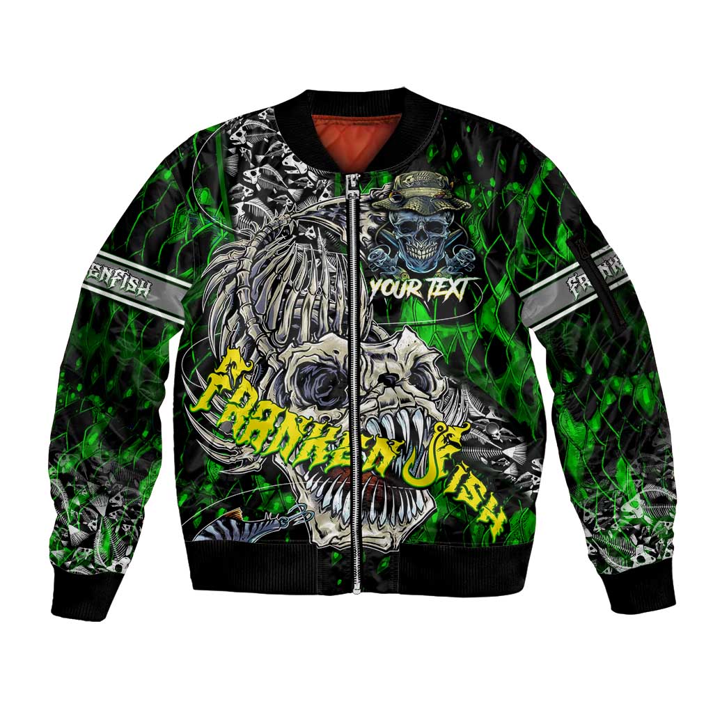 Personalized Franken Fish Sleeve Zip Bomber Jacket Skull Fishing Green