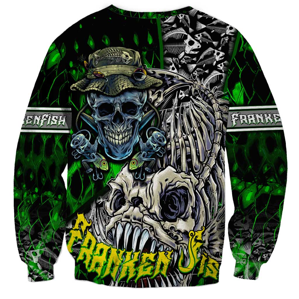 Green unisex sweatshirt with blue skull face, fishing hat, and bones graphic, crewneck