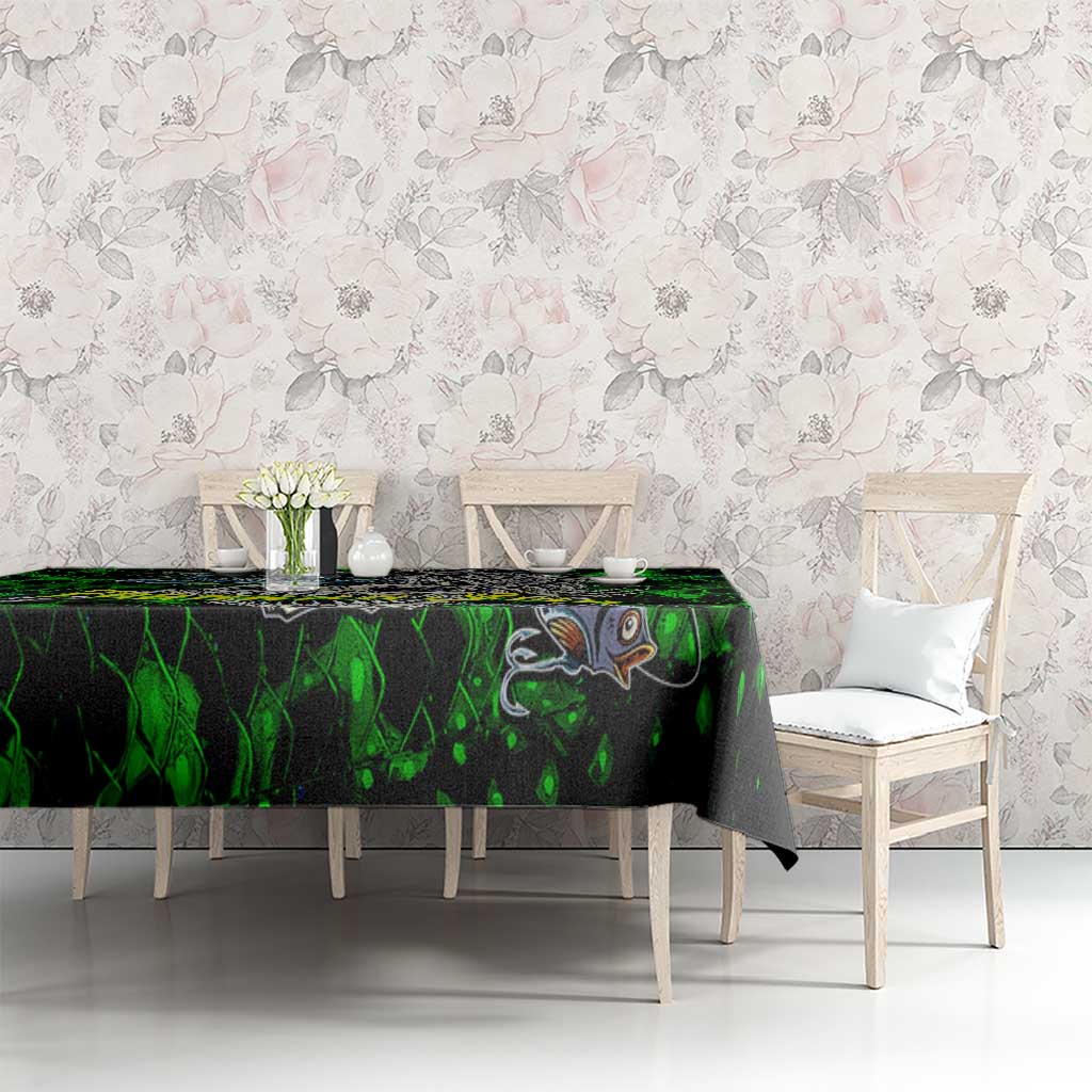 Green fishing skull tablecloth with fish skeleton graphic, draped on dining table