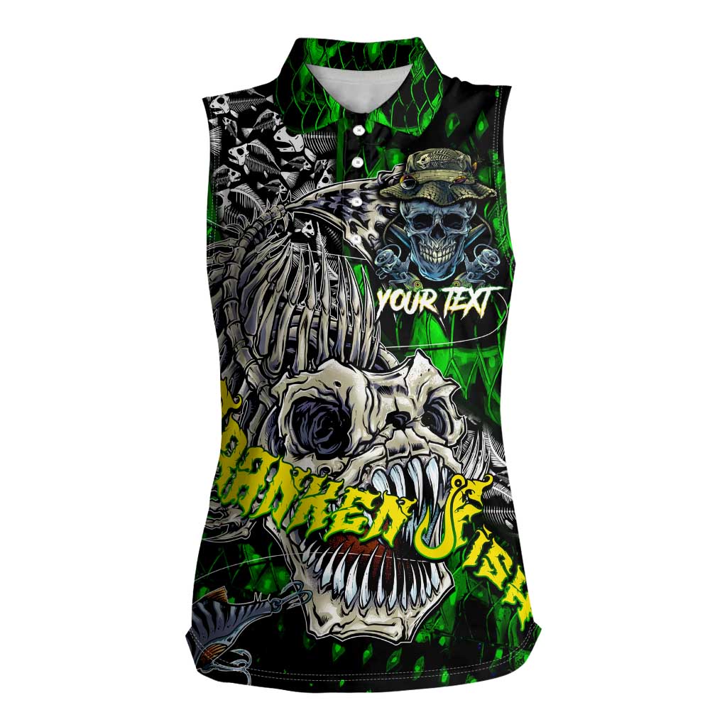 Personalized Franken Fish Women Sleeveless Polo Shirt Skull Fishing Green