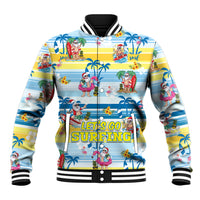 Unisex baseball jacket with tropical surf print, button front, striped ribbed cuffs
