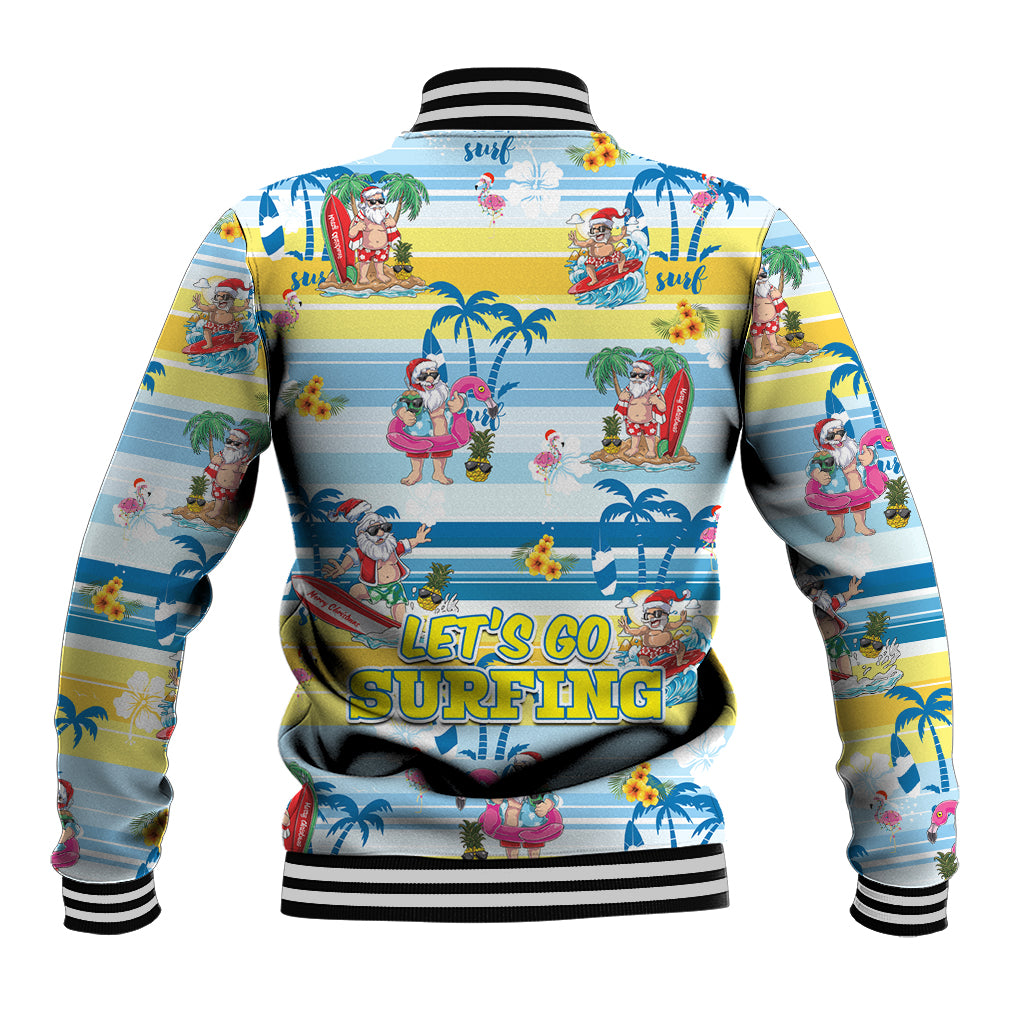 Unisex baseball jacket back with tropical surf scenes and Lets Go Surfing graphic