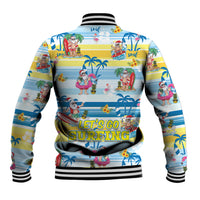 Unisex baseball jacket back with tropical surf scenes and Lets Go Surfing graphic