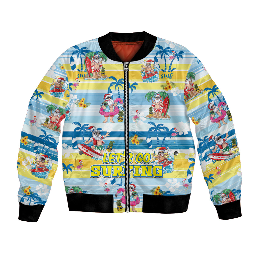 Light blue tropical printed bomber jacket, full zip, black ribbed collar and cuffs.