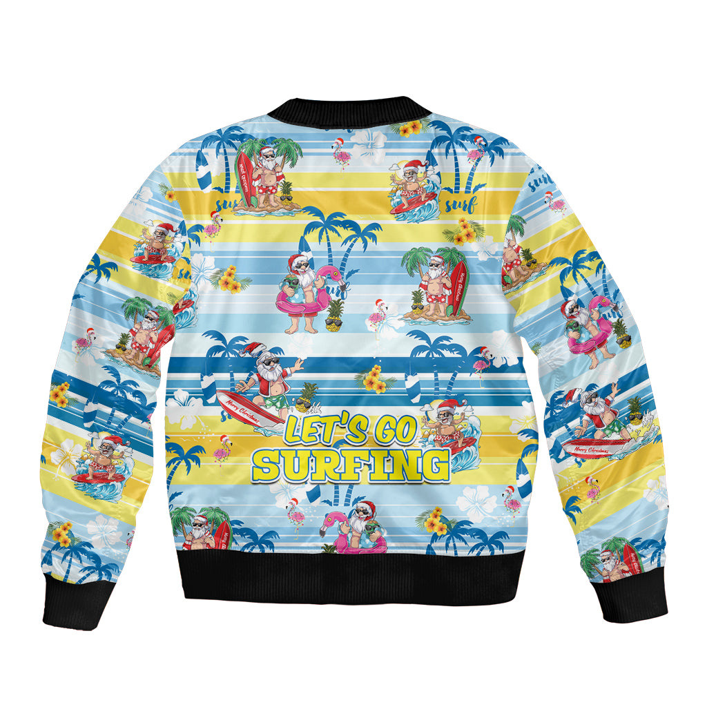 Zip-front bomber jacket with 'Let's Go Surfing' graphic and tropical character print.
