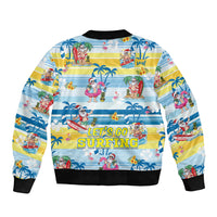 Zip-front bomber jacket with 'Let's Go Surfing' graphic and tropical character print.
