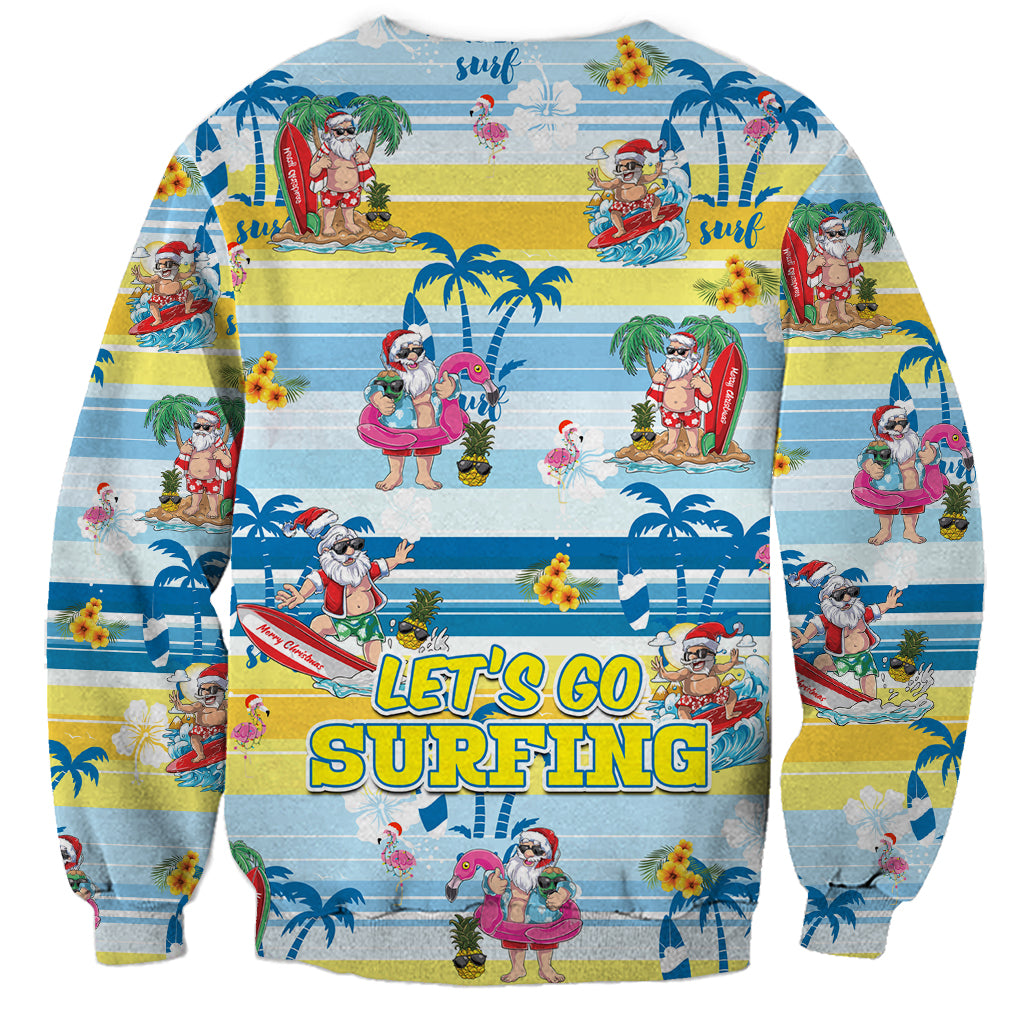 Unisex sweatshirt with full-color tropical Santa surfers, palm trees, and 'Let's Go Surfing' logo