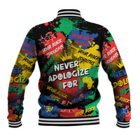 Multicolor back graphic baseball jacket with striped rib cuffs and ribbed hem, snap front
