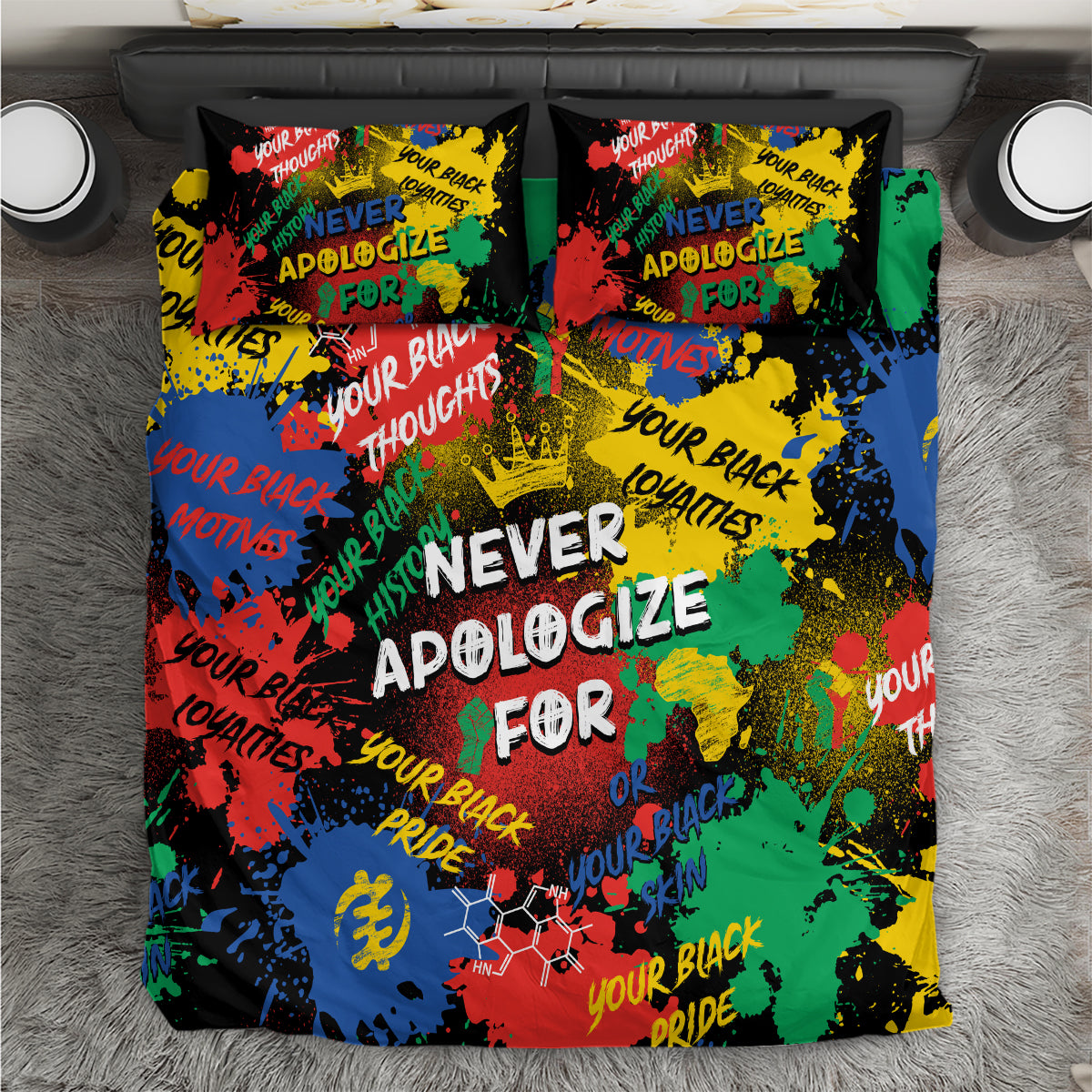 Bedding set with multicolor graffiti print and “Never Apologize For” on dark duvet cover