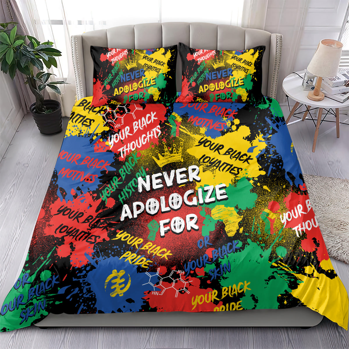 Bedding set with multicolor graffiti print, “Never Apologize For” on duvet and 2 pillow shams