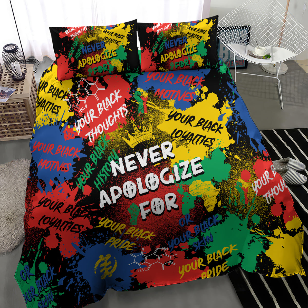 Bedding set duvet cover with multicolor graffiti and “Never Apologize For” text