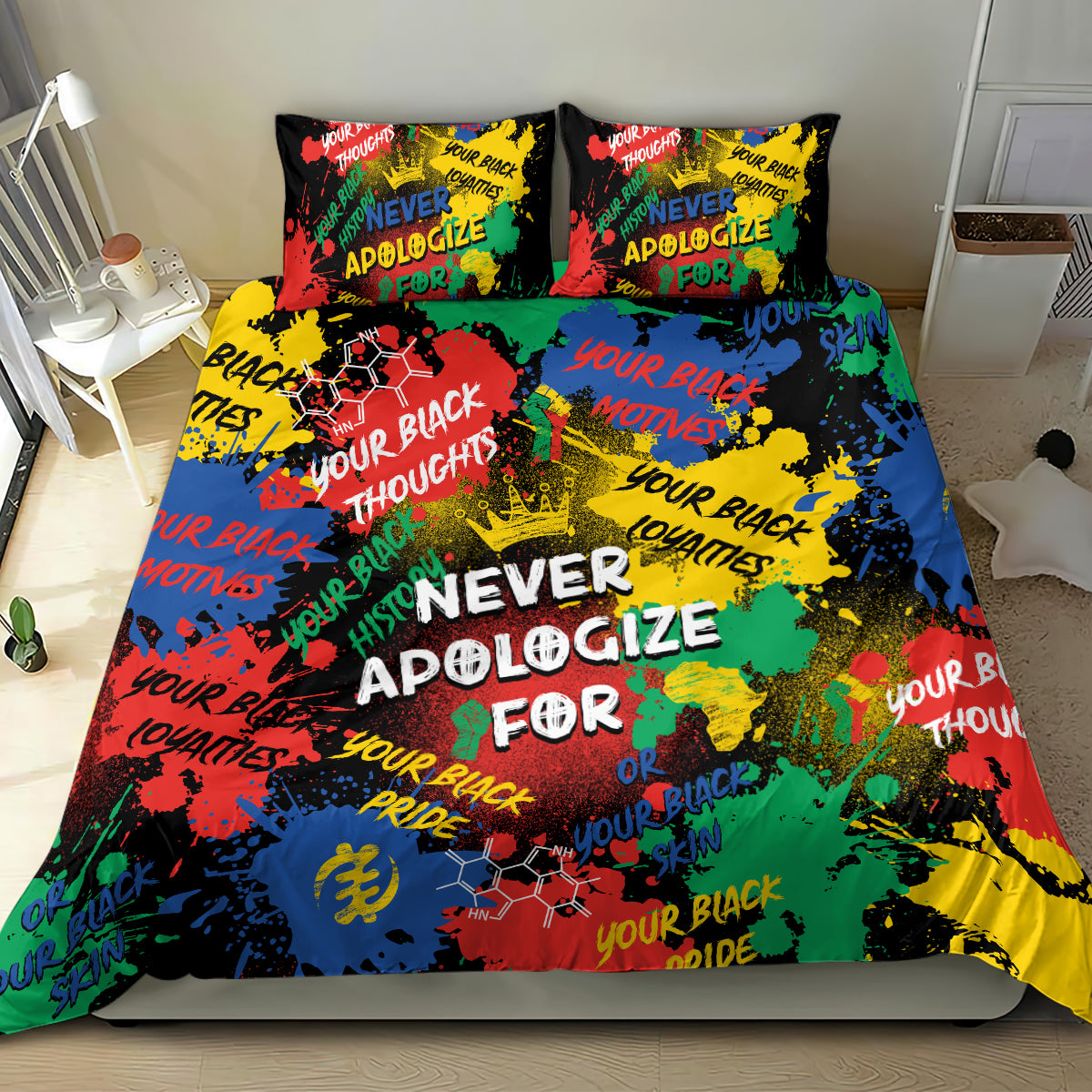 Bedding set duvet cover with multicolor graffiti design and “Never Apologize For” lettering