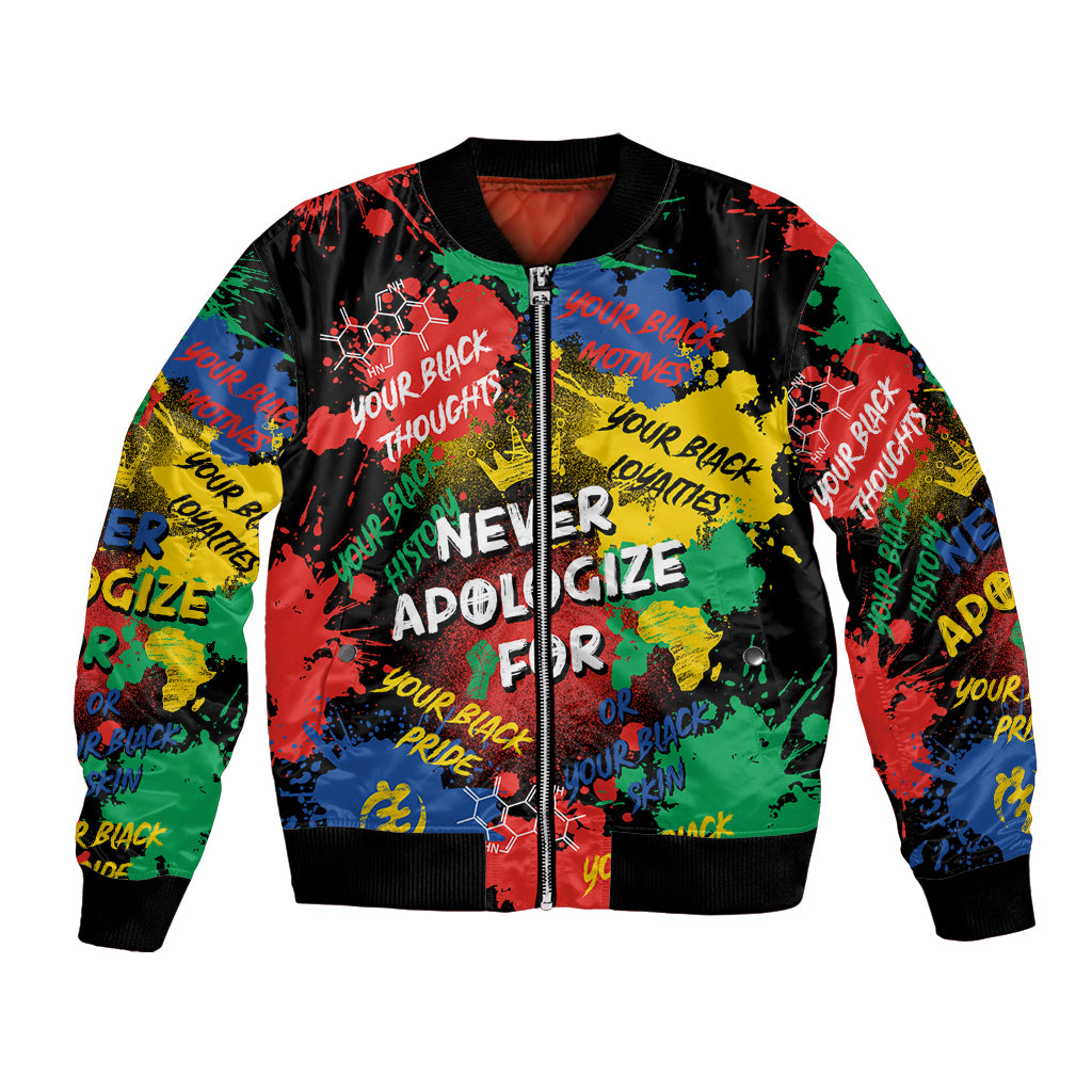 Black bomber jacket with colorful graffiti graphic and front zip