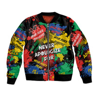 Black bomber jacket with colorful graffiti graphic and front zip