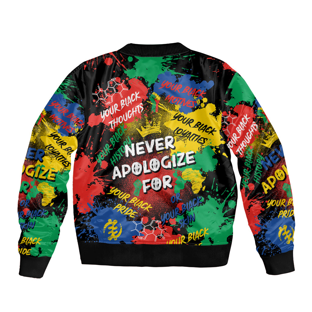 Black bomber jacket with bold Never Apologize back graphic