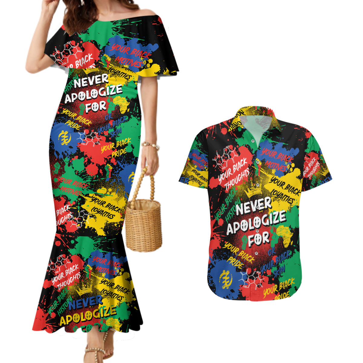 Never Apologize For Being Black Couples Matching Mermaid Dress and Hawaiian Shirt - Wonder Print Shop