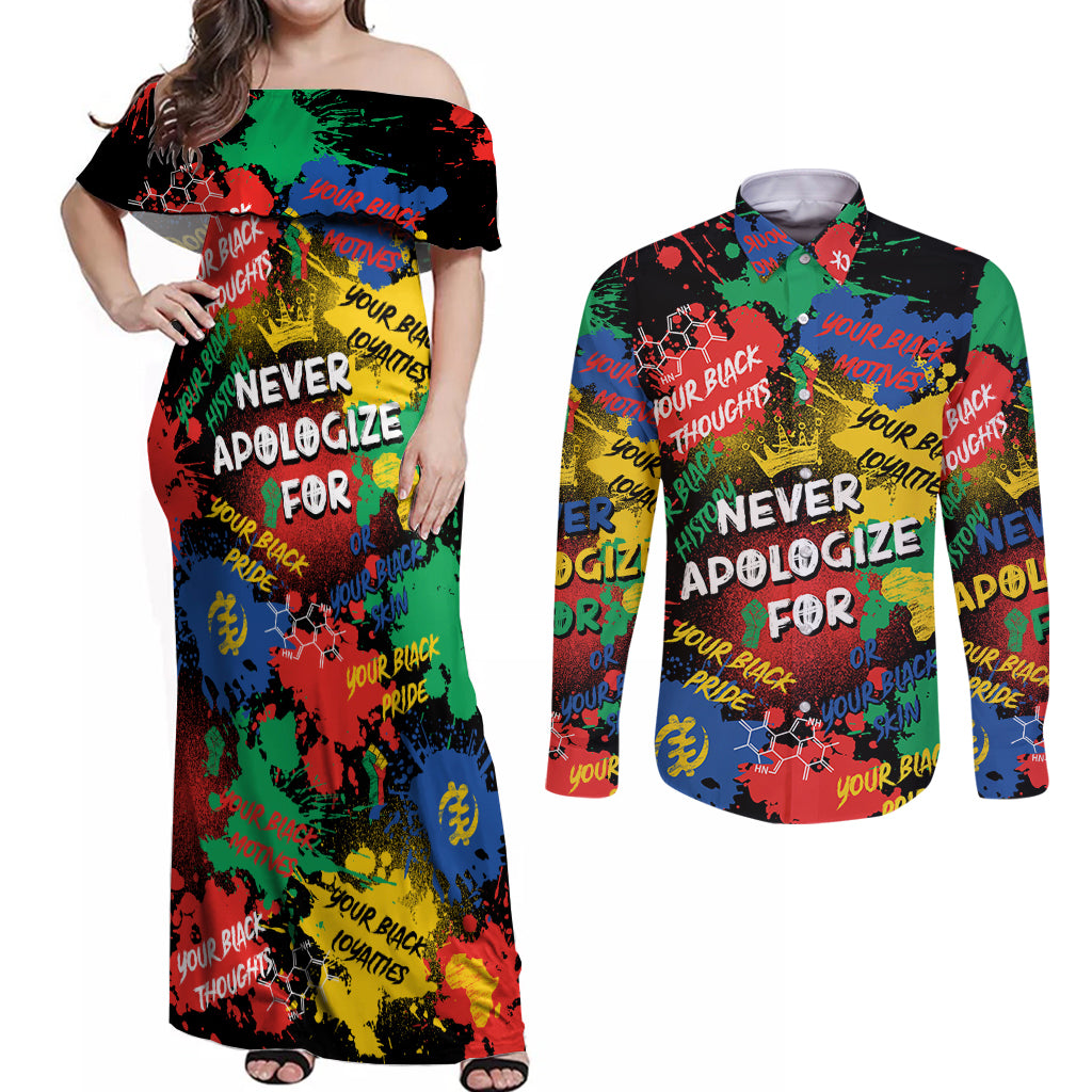 Never Apologize For Being Black Couples Matching Off Shoulder Maxi Dress and Long Sleeve Button Shirt - Wonder Print Shop