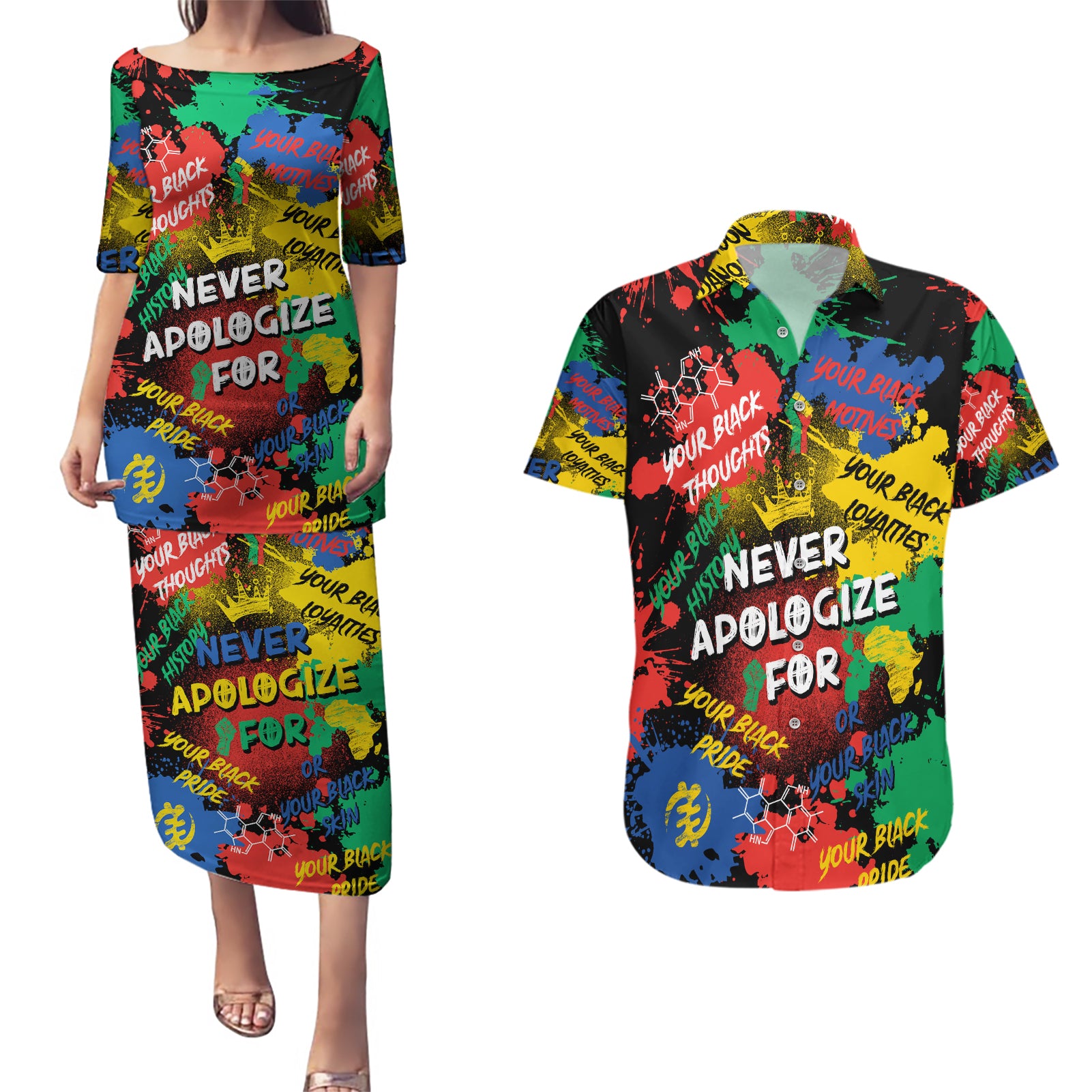 Never Apologize For Being Black Couples Matching Puletasi and Hawaiian Shirt - Wonder Print Shop