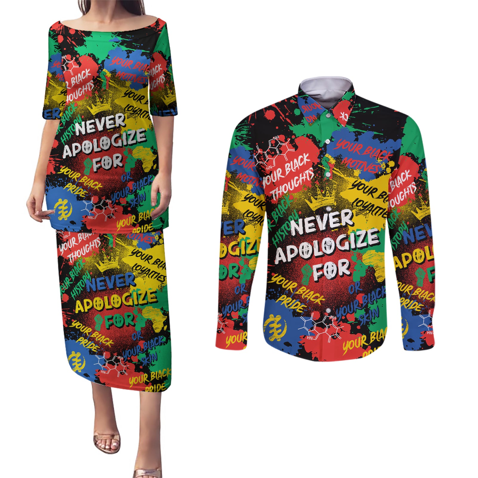 Never Apologize For Being Black Couples Matching Puletasi and Long Sleeve Button Shirt - Wonder Print Shop