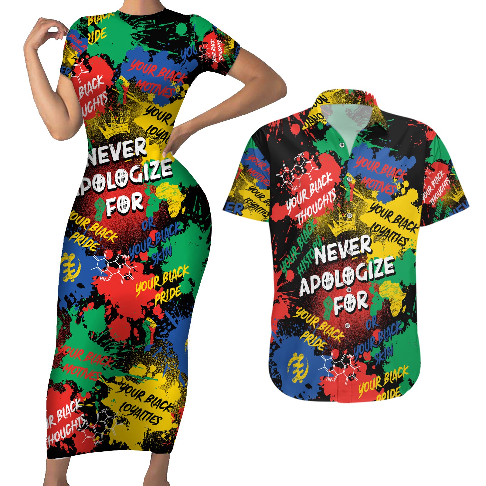 Never Apologize For Being Black Couples Matching Short Sleeve Bodycon Dress and Hawaiian Shirt - Wonder Print Shop