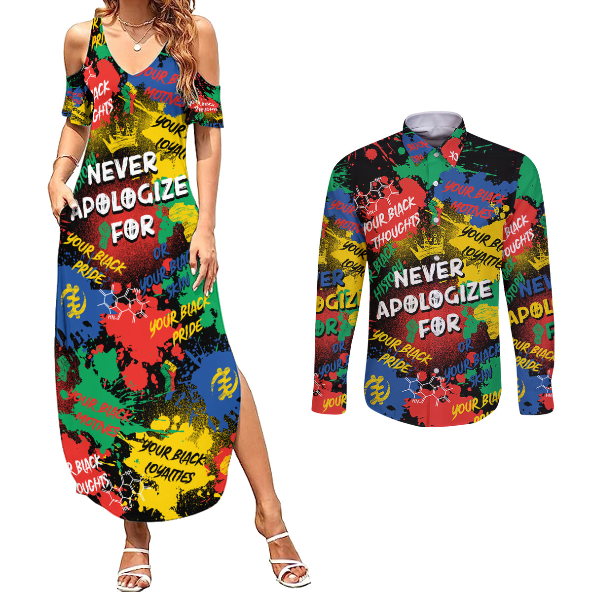 Never Apologize For Being Black Couples Matching Summer Maxi Dress and Long Sleeve Button Shirt - Wonder Print Shop