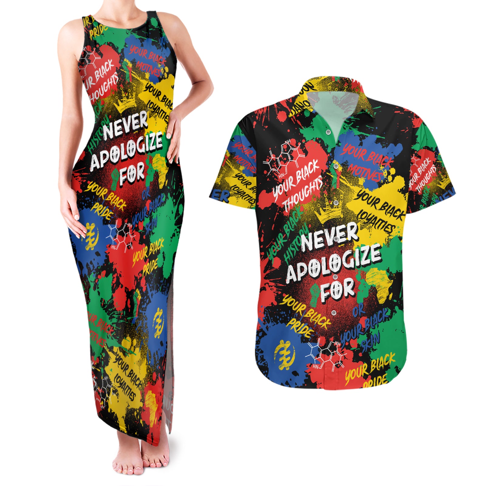 Never Apologize For Being Black Couples Matching Tank Maxi Dress and Hawaiian Shirt - Wonder Print Shop