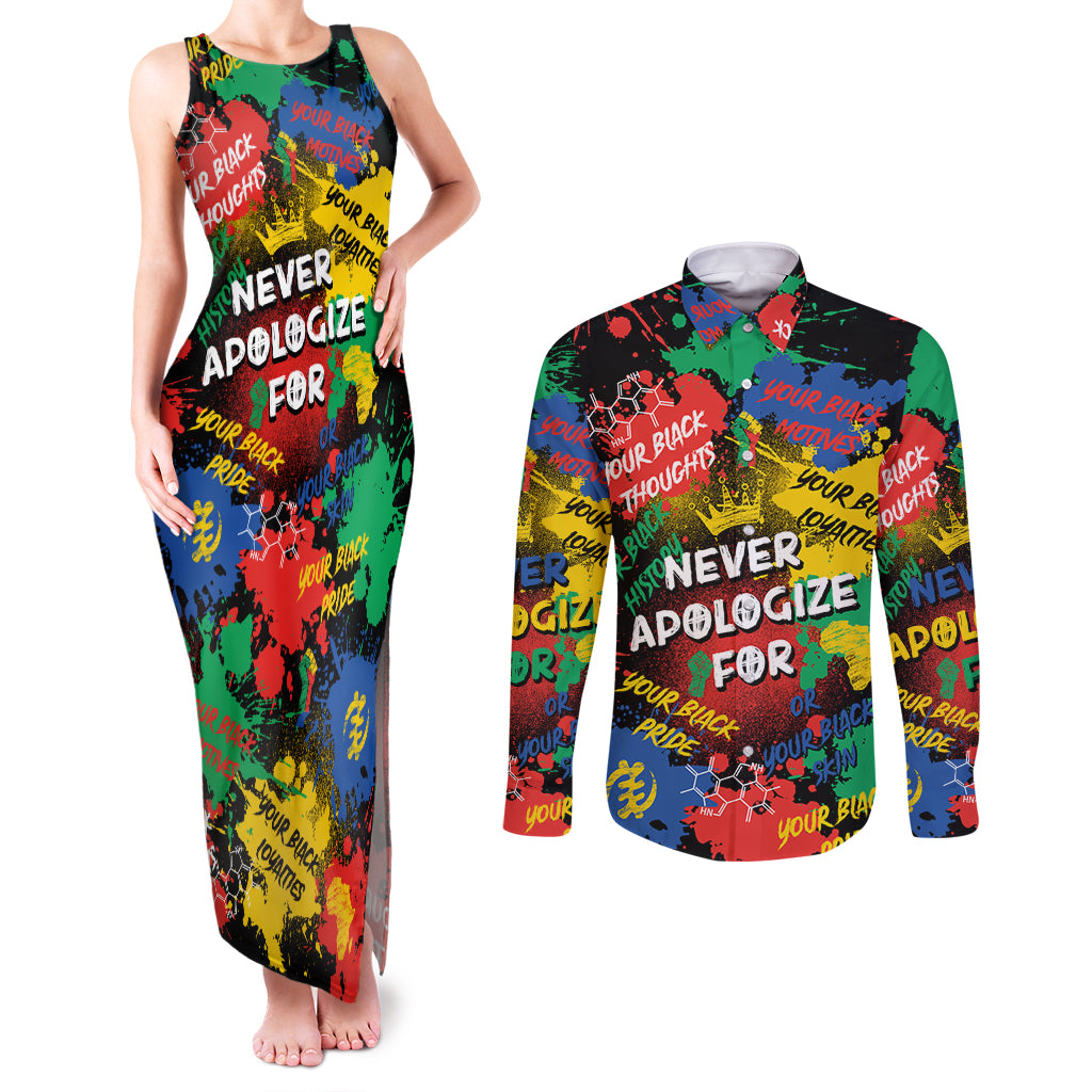 Never Apologize For Being Black Couples Matching Tank Maxi Dress and Long Sleeve Button Shirt - Wonder Print Shop