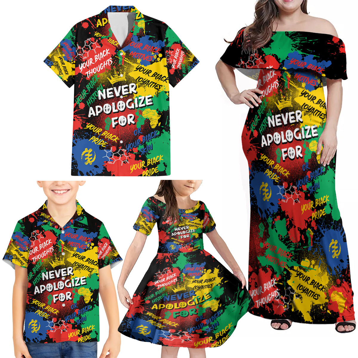 Never Apologize For Being Black Family Matching Off Shoulder Maxi Dress and Hawaiian Shirt - Wonder Print Shop