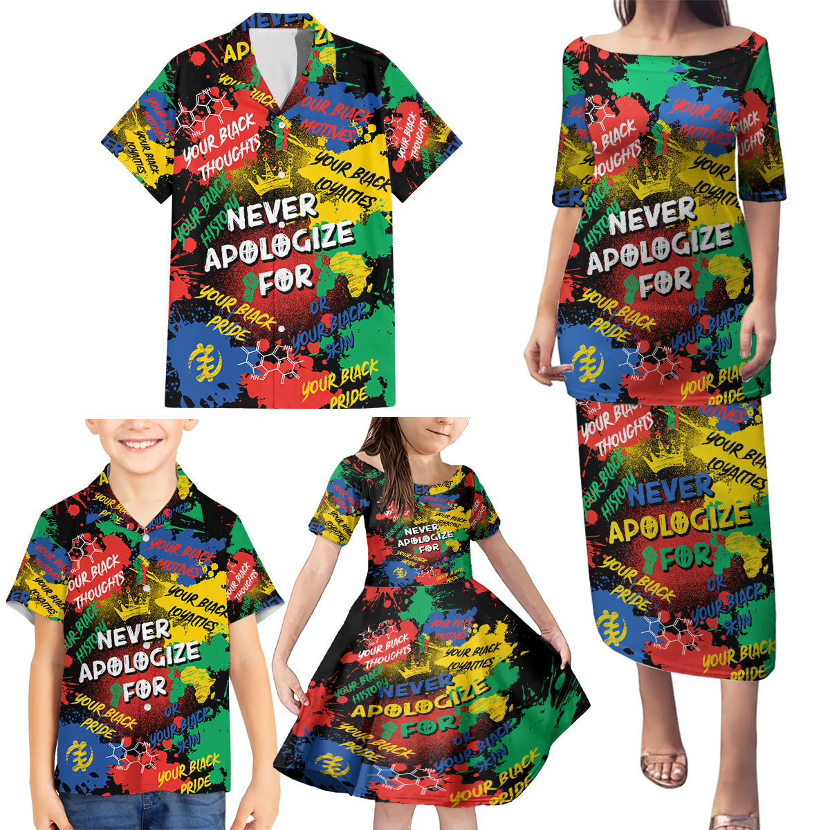 Never Apologize For Being Black Family Matching Puletasi and Hawaiian Shirt - Wonder Print Shop