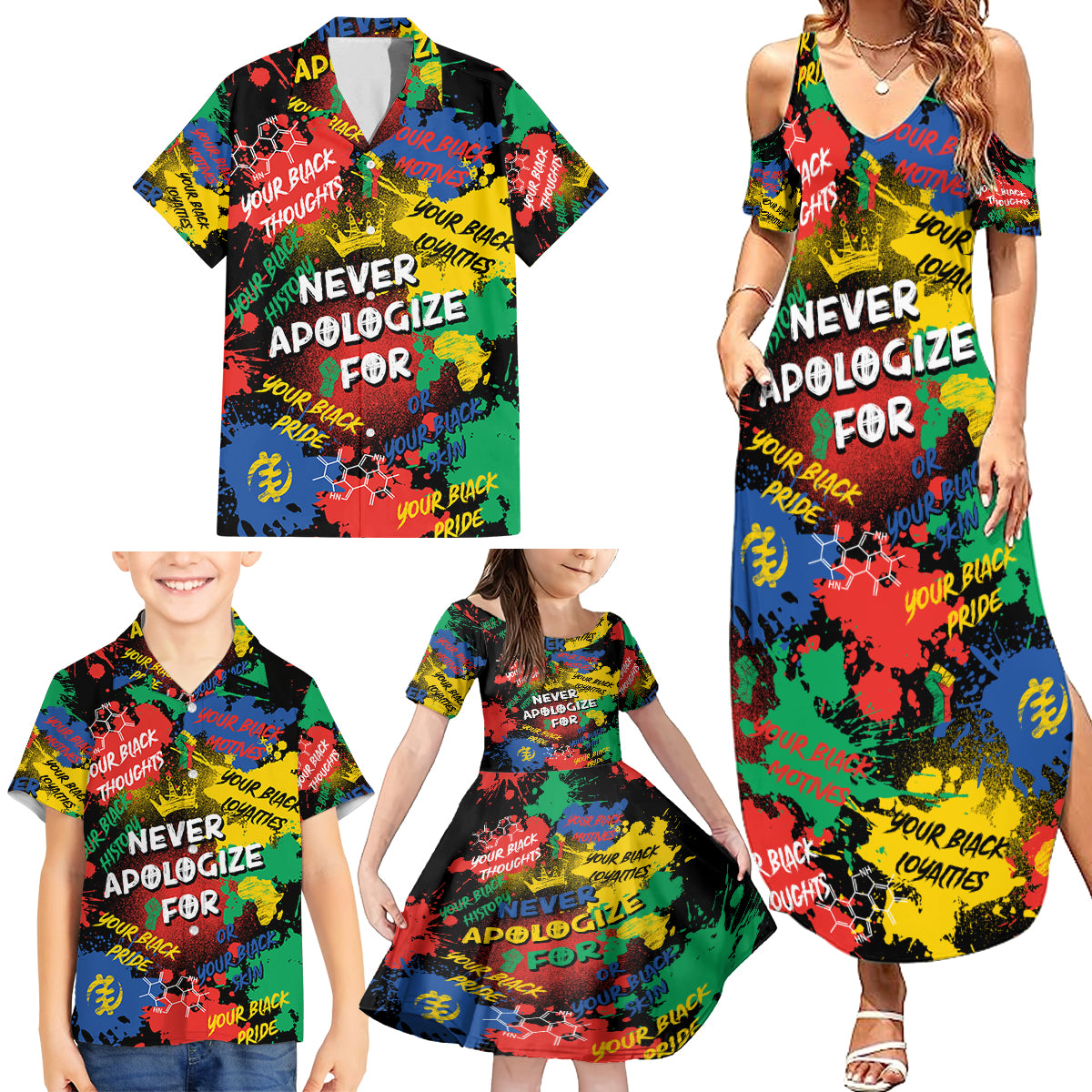 Never Apologize For Being Black Family Matching Summer Maxi Dress and Hawaiian Shirt - Wonder Print Shop